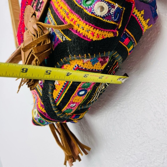 Brown Leather Fringe BOHO Embroidered Western Pattern Crossbody Flap Bag - Picture 12 of 15